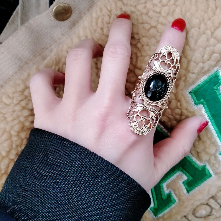 韩版个性潮时尚复古镂空花纹黑色宝石欧美风夸张金色食指戒指环女