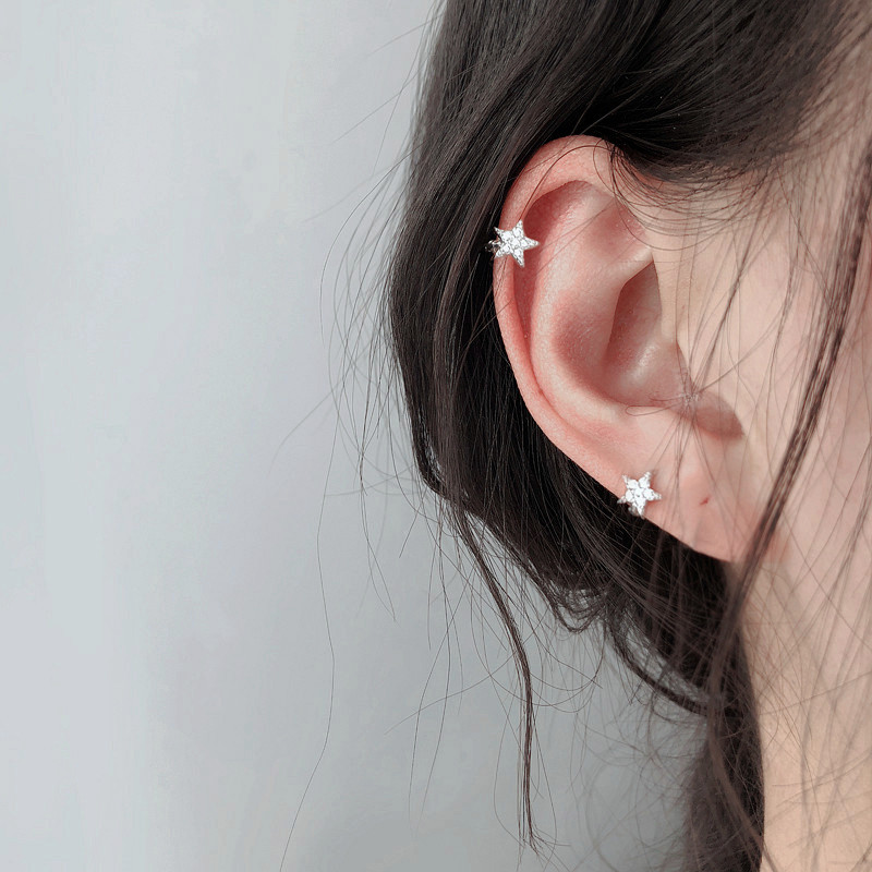 迷你五角星耳骨有耳洞耳扣s925纯银镀白金小巧耳圈简约精致耳环女