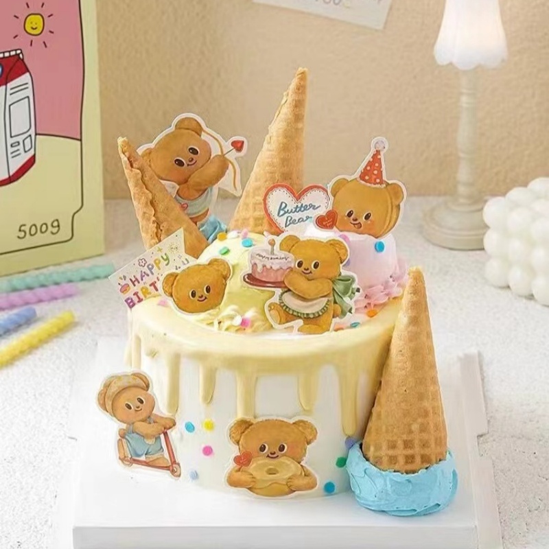 网红韩系ins风黄油小熊生日蛋糕装饰可爱儿童油画面包熊烘焙插件