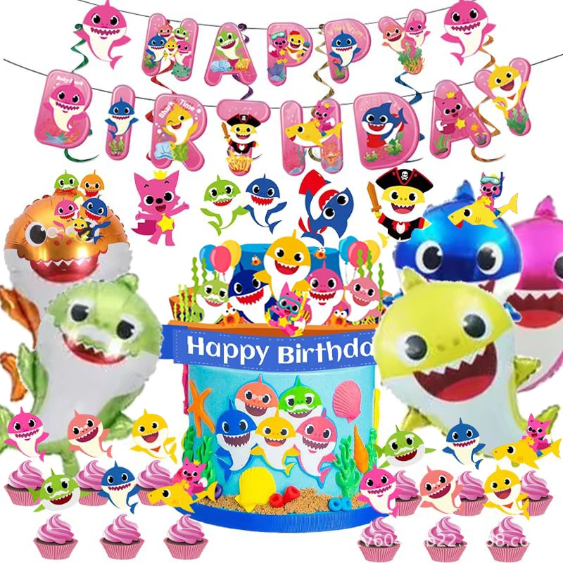 新款鲨鱼宝宝主题儿童生日派对装饰拉旗铝膜气球蛋糕插旗布置用品