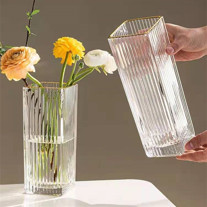 现货速发描金轻奢直筒玻璃花瓶日式锤目纹简约花器客厅水培插花瓶