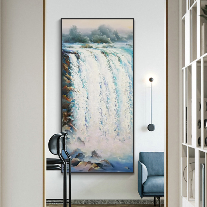 玄关高山流水生财肌理挂画客厅动态抽象瀑布纯手绘油画装饰落地画