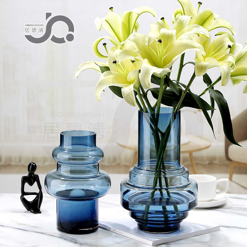 北欧简约蓝色玻璃花瓶圆柱造型水培富贵竹插花百合玫瑰向日葵摆件