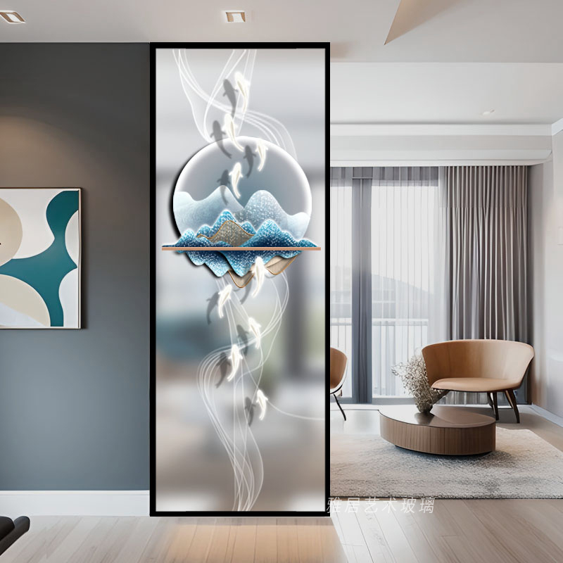 时尚新中式艺术玻璃屏风隔断客厅入户玄关钢化玻璃磨砂定制轻奢