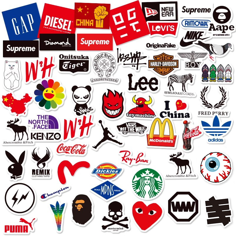 60张潮牌logo手机贴纸品牌涂鸦装饰贴图电脑行李箱笔记本拼贴素材