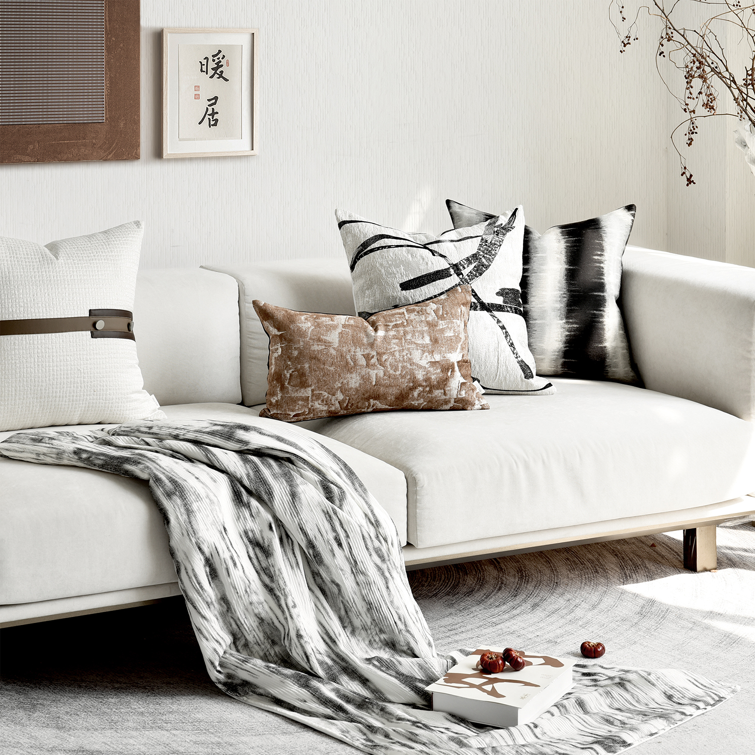 定制回声家居沙发毯子床上用黑白抽象床尾毯新中式搭毯轻奢飘窗床