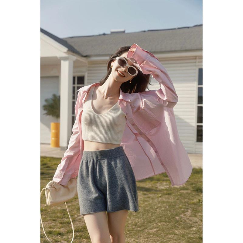 粉色法式天丝防晒衬衫女小个子夏季Polo领长袖衬衣设计感宽松外套