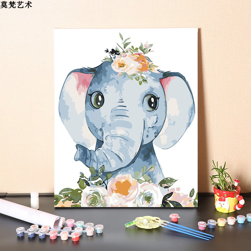 画画diy手工填充数字油画儿童房可爱动物大象小熊手绘涂色油彩画