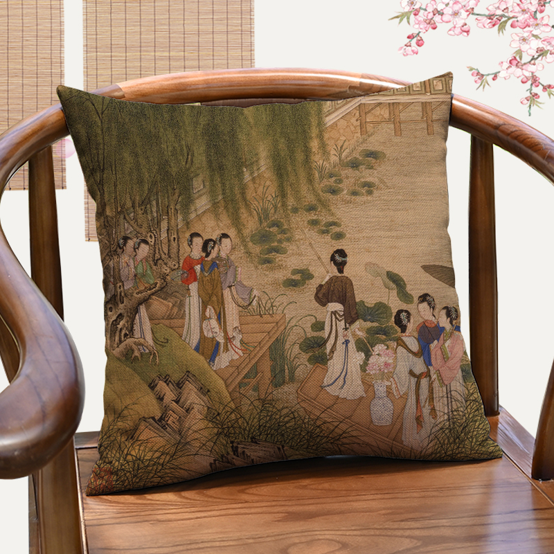 清游图新中式古典人物装饰靠垫古风仕女图抱枕办公室茶室靠枕含芯