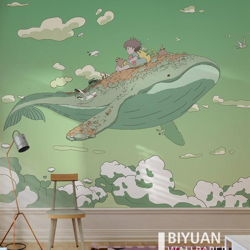 宫崎骏鲸鱼漫画墙布儿童房不织布定制墙布北欧卧室背景墙壁纸壁纸