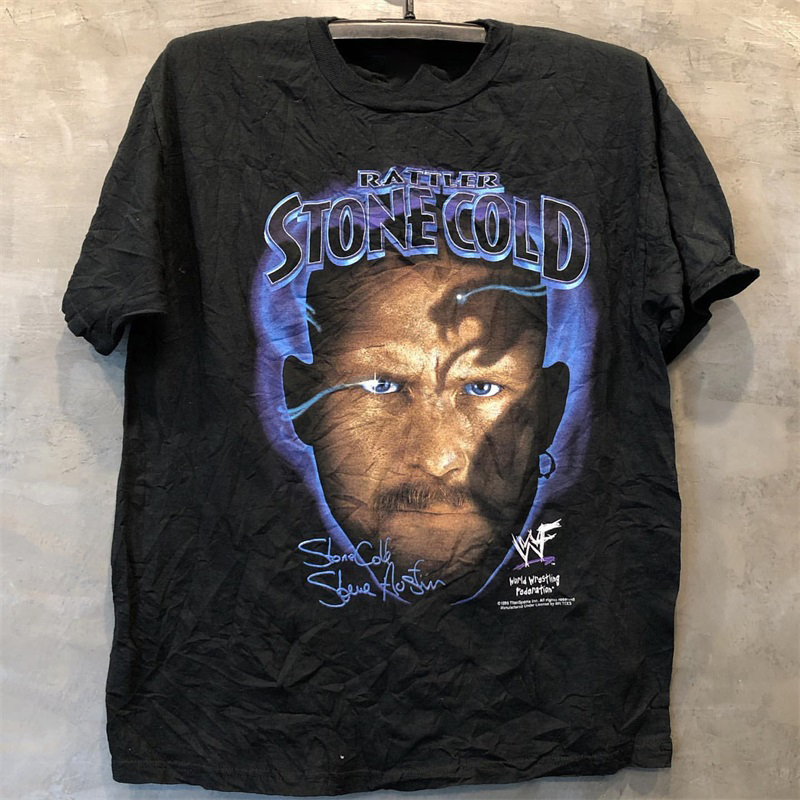 Stone Cold冷石·史蒂夫·奥斯丁人像WWF摔角手高街复古短袖T恤男