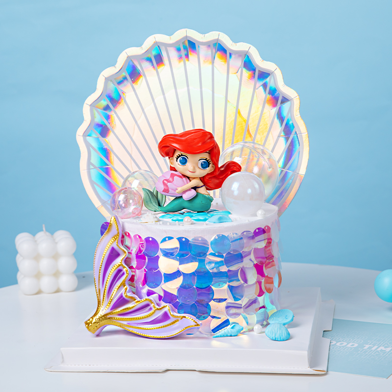美人鱼蛋糕装饰摆件Q版抱贝壳海草珊瑚人鱼公主网红儿童生日插件