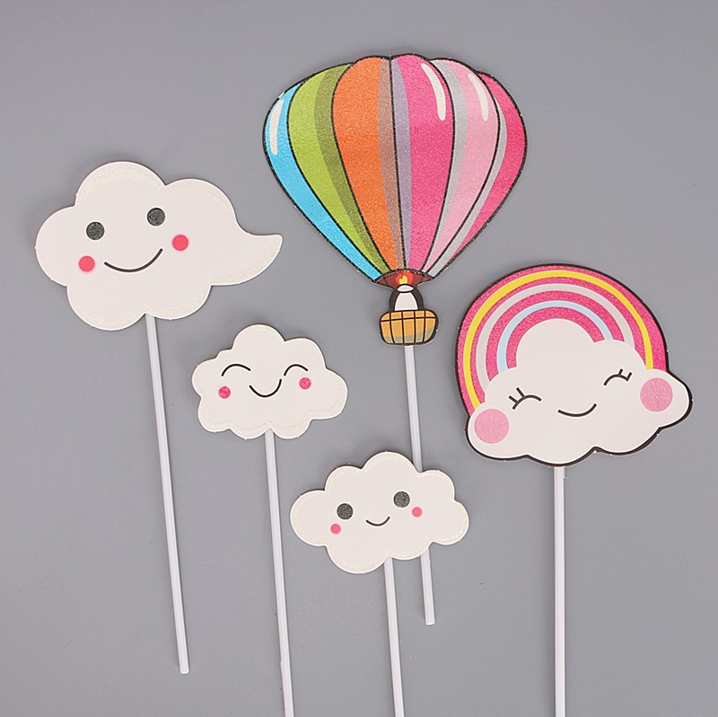 50枚生日蛋糕装饰插件彩色热气球彩虹可爱笑脸白云云朵烘焙插牌