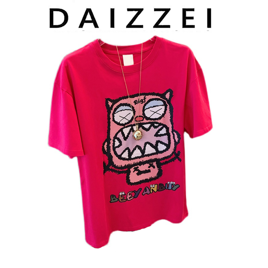 DAIZZEI~树莓粉色卡通短袖t恤女2024新款设计感棉质宽松半袖上衣