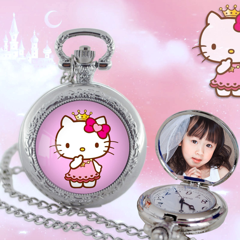 Hello Kitty可爱卡通怀表定做自己照片凯蒂猫项链表KT银挂表女童
