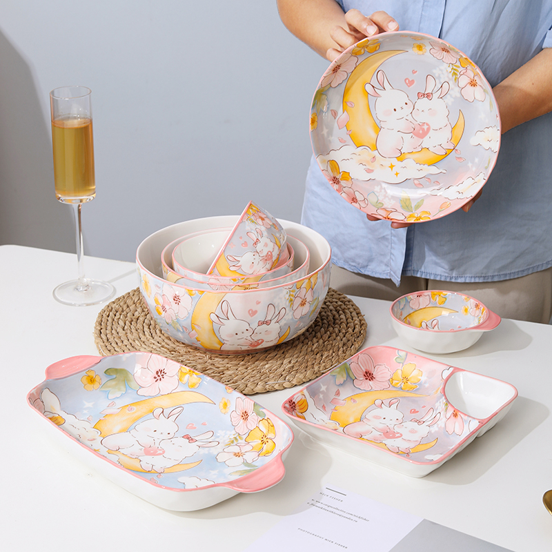 釉下彩可爱萌兔陶瓷碗盘勺筷餐具组合套装家用卡通菜盘子饭碗汤碗
