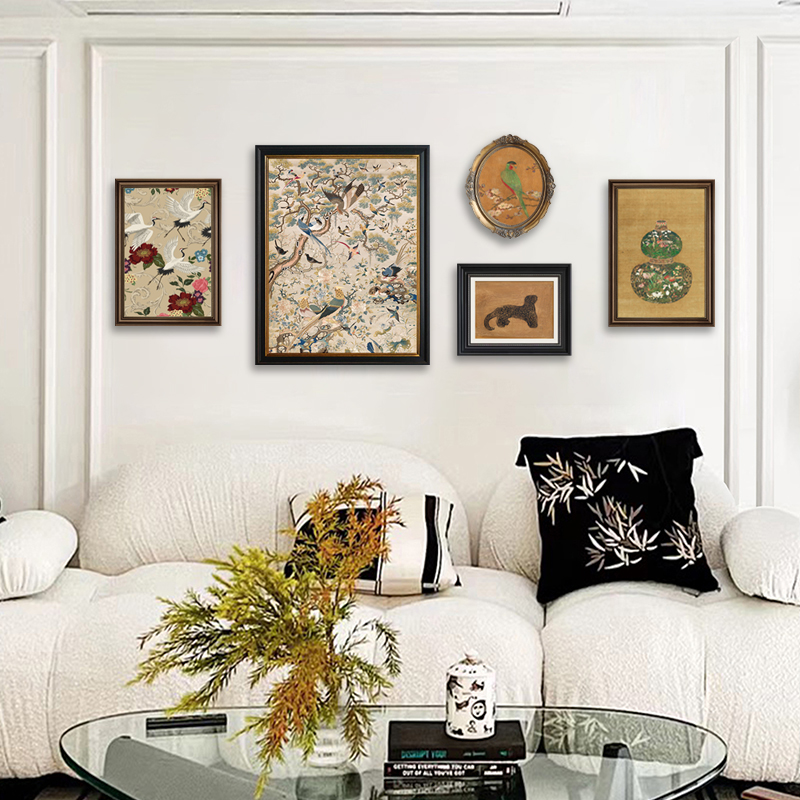 法式中国风客厅装饰画新中式组合挂画复古花鸟祥和沙发背景墙壁画