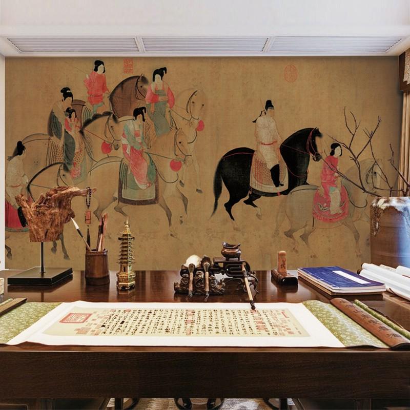 虢国夫人游春图墙纸唐代宫廷仕女壁纸中式餐厅茶楼民宿背景墙壁画
