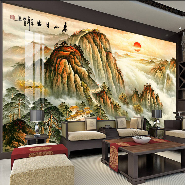 新中式国画山水电视背景墙竹木纤维集成墙板办公室客厅沙发护墙板