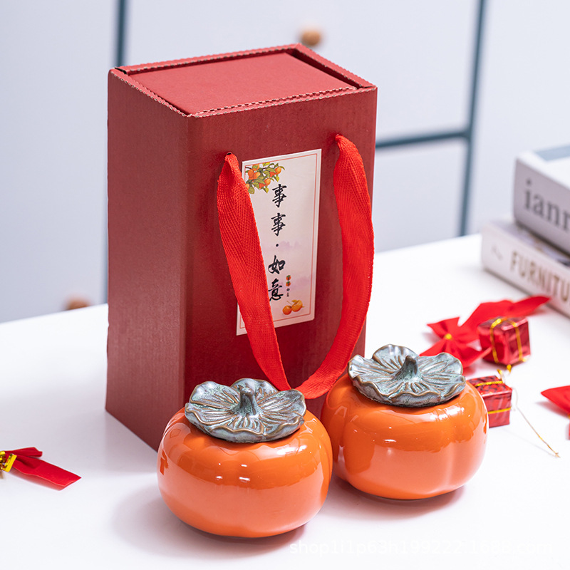 中式事事如意陶瓷柿子茶叶婚庆喜糖活动伴手礼公司礼品LOGO