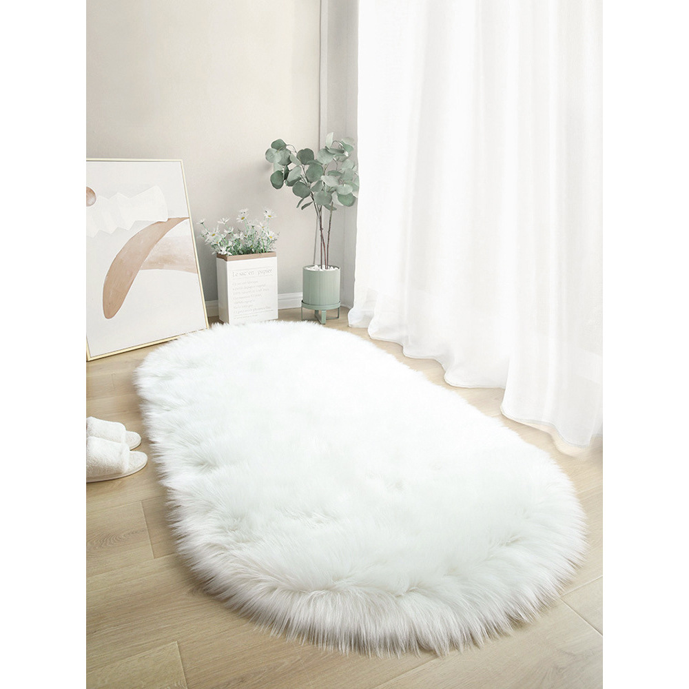 椭圆形羊毛地毯卧室床边毯加厚毛绒榻榻米地家用白色拍照背