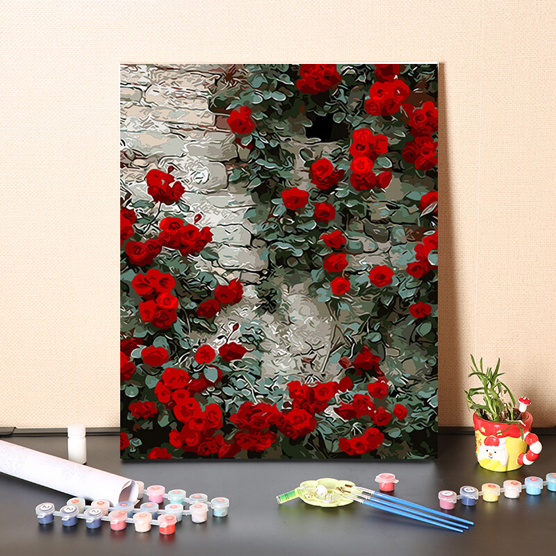 数字油画diy手工制作填充窗前玫瑰花园植物花卉手绘涂色油彩画画
