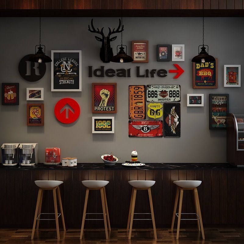 复古工业风酒吧装饰品布置创意墙上装饰品照片墙咖啡厅个性背景墙