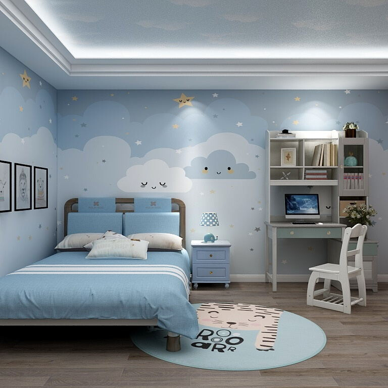 温馨可爱女孩房墙布卡通粉色星星云朵壁纸儿童房卧室床头背景墙纸