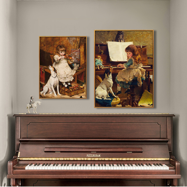 小女孩弹琴油画琴房装饰画钢琴上方挂画拉小提琴喷绘画尺寸可定制
