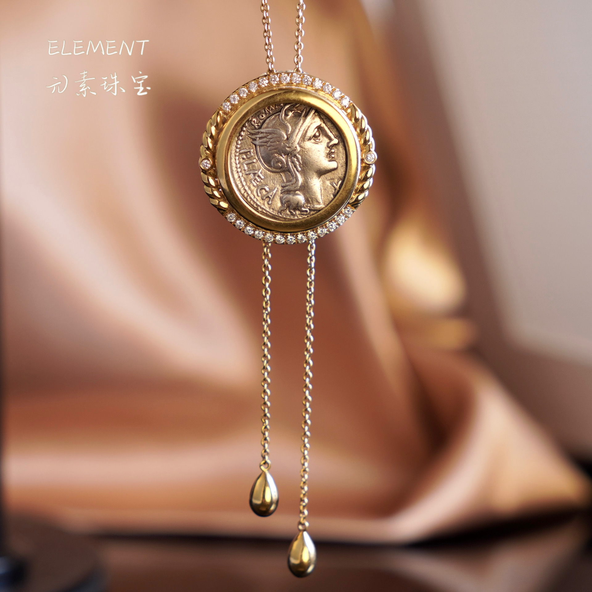 Element原创锁骨抽拉古币项链罗马女神18k钻石真品一体链淑女灵动