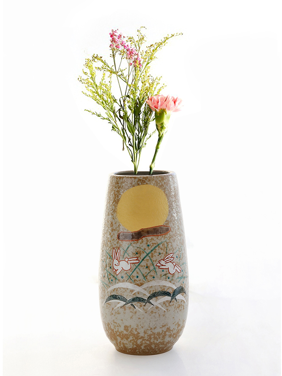 日本进口九谷烧陶瓷手绘月兔吉祥日式客厅玄关料理店大花器插花瓶