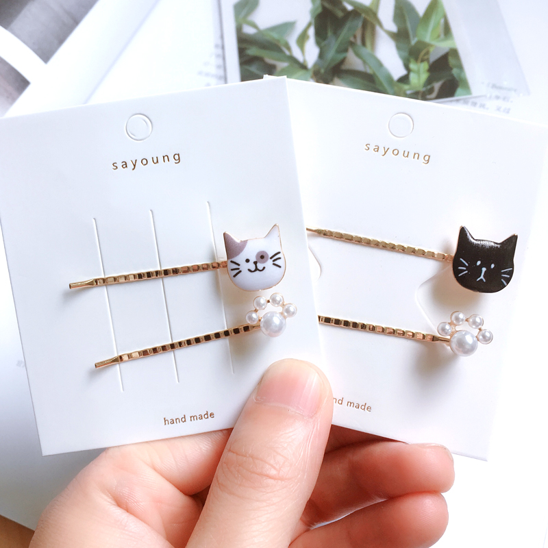 韩国少女珍珠发夹可爱小猫咪边夹侧面简约一字夹二件套装儿童发卡