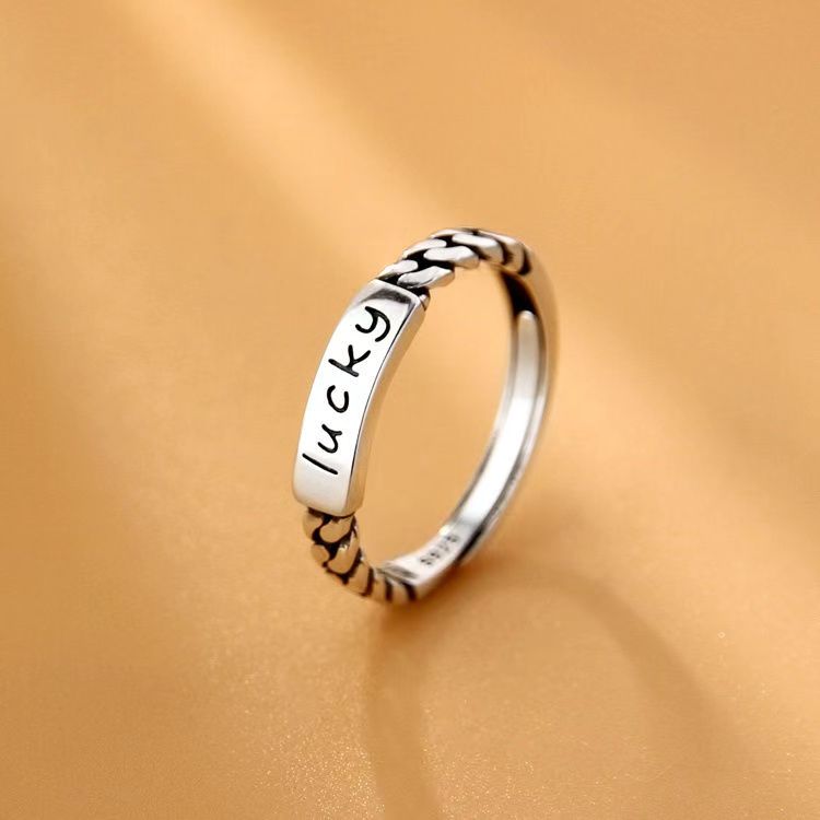 纯银幸运lucky戒指女日韩版小清新气质文艺复古链条开口食指戒指