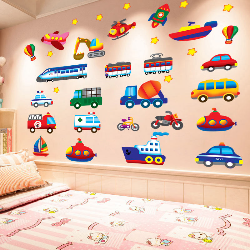 儿童房间布置宝宝卧室墙面装饰小图案卡通汽车墙贴画海报贴纸可爱