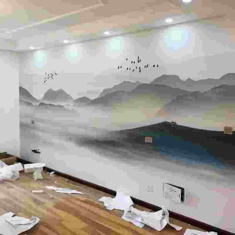 新中式黑白山水电视背景墙壁纸意境水墨客厅沙发影视墙布无缝壁画