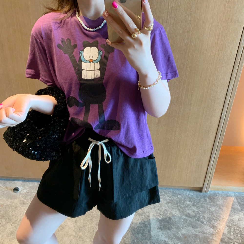 现货TATAMI韩国东大门定制夏装 卡通图案复古紫色圆领短袖T恤女