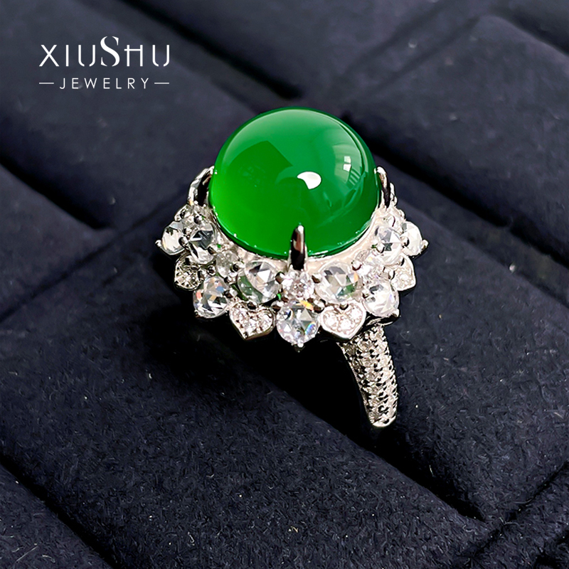 绿玉髓新中式国风925纯银戒指镶嵌高碳钻冰种光面气质小众设计