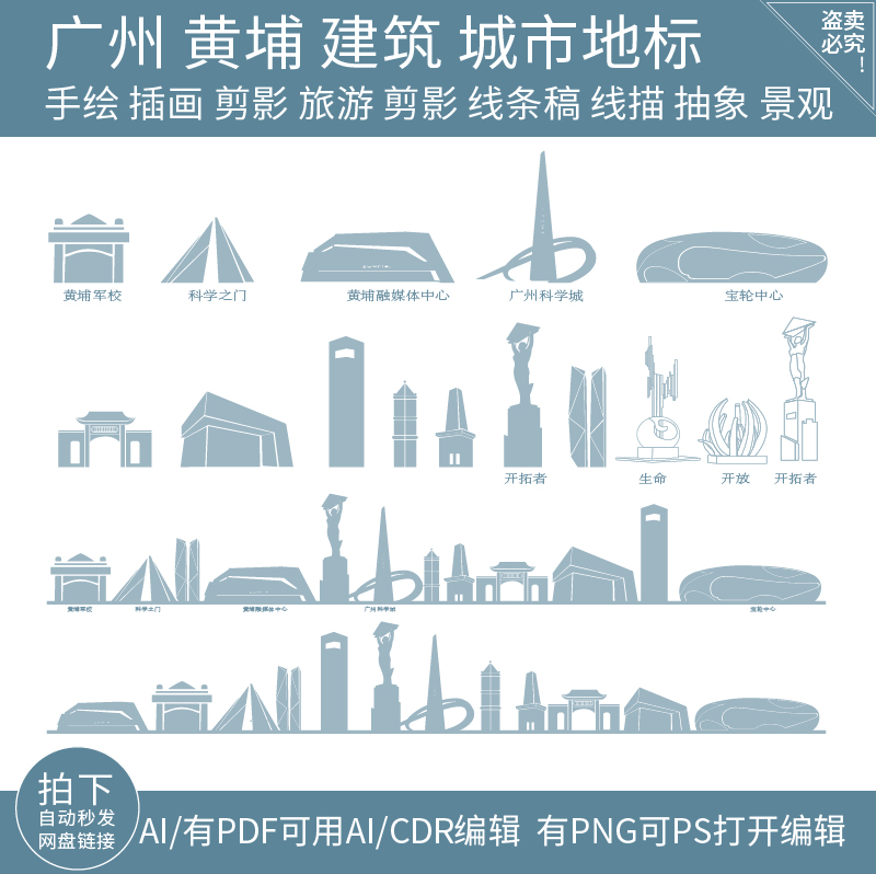 广州黄埔天际线条描稿建筑地标志旅游设计插画景点剪影城市素材