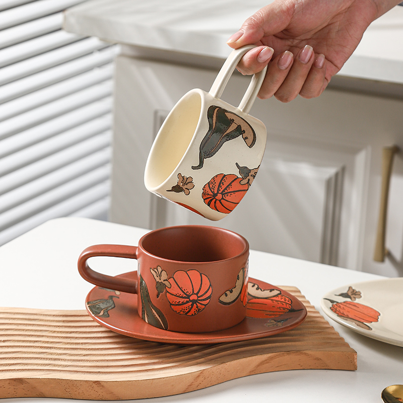 《南瓜与花》重工手绘款 咖啡杯杯碟下午茶杯情侣礼物水杯釉下彩