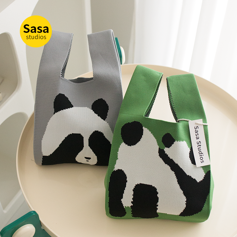 可爱卡通熊猫小包包针织便携手提包女大容量背心包手提包通便当包