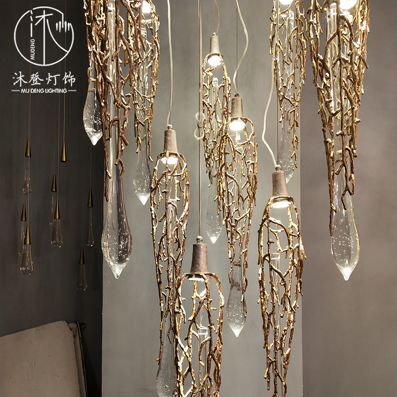 全铜餐厅茶庄工程酒店屏风复式楼梯过道树枝艺术个性纯铜笼子吊灯