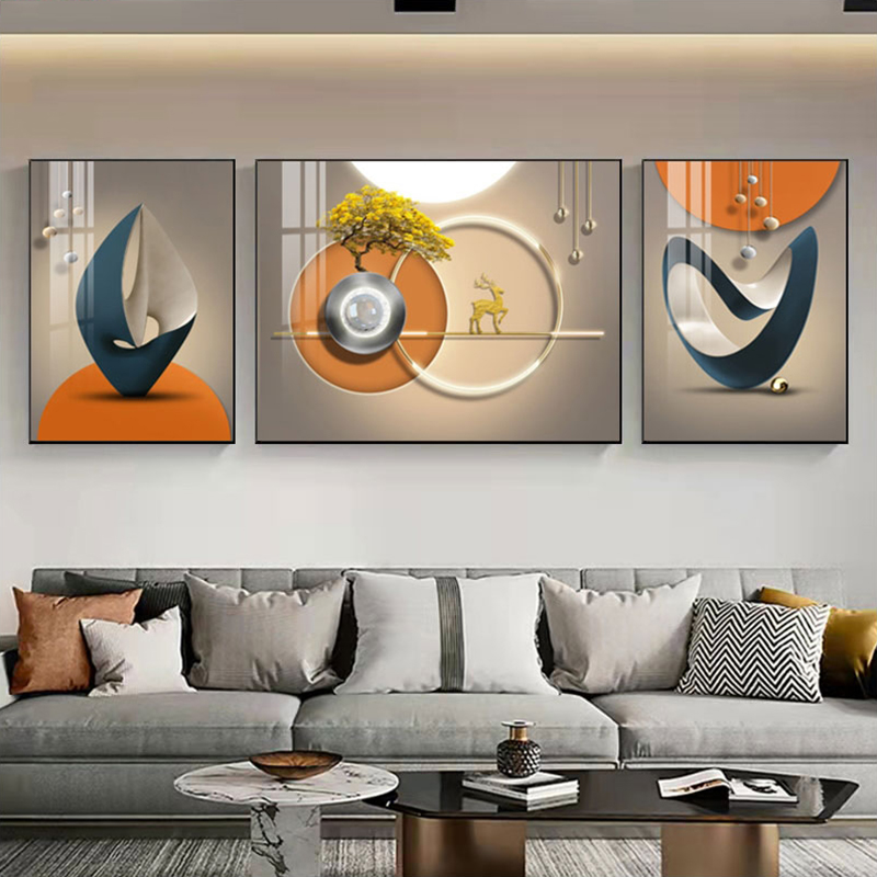现代简约客厅装饰画沙发背景墙画壁画挂画晶瓷三联画立体几何镶钻