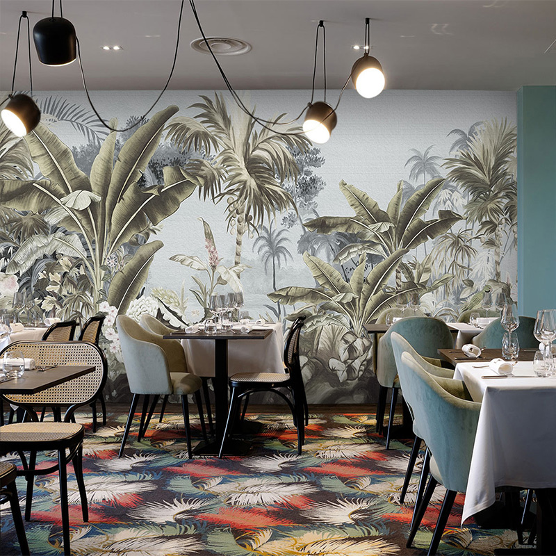 手绘3D轻奢油画背景壁画热带雨林芭蕉叶壁纸主题酒店餐厅客厅墙纸