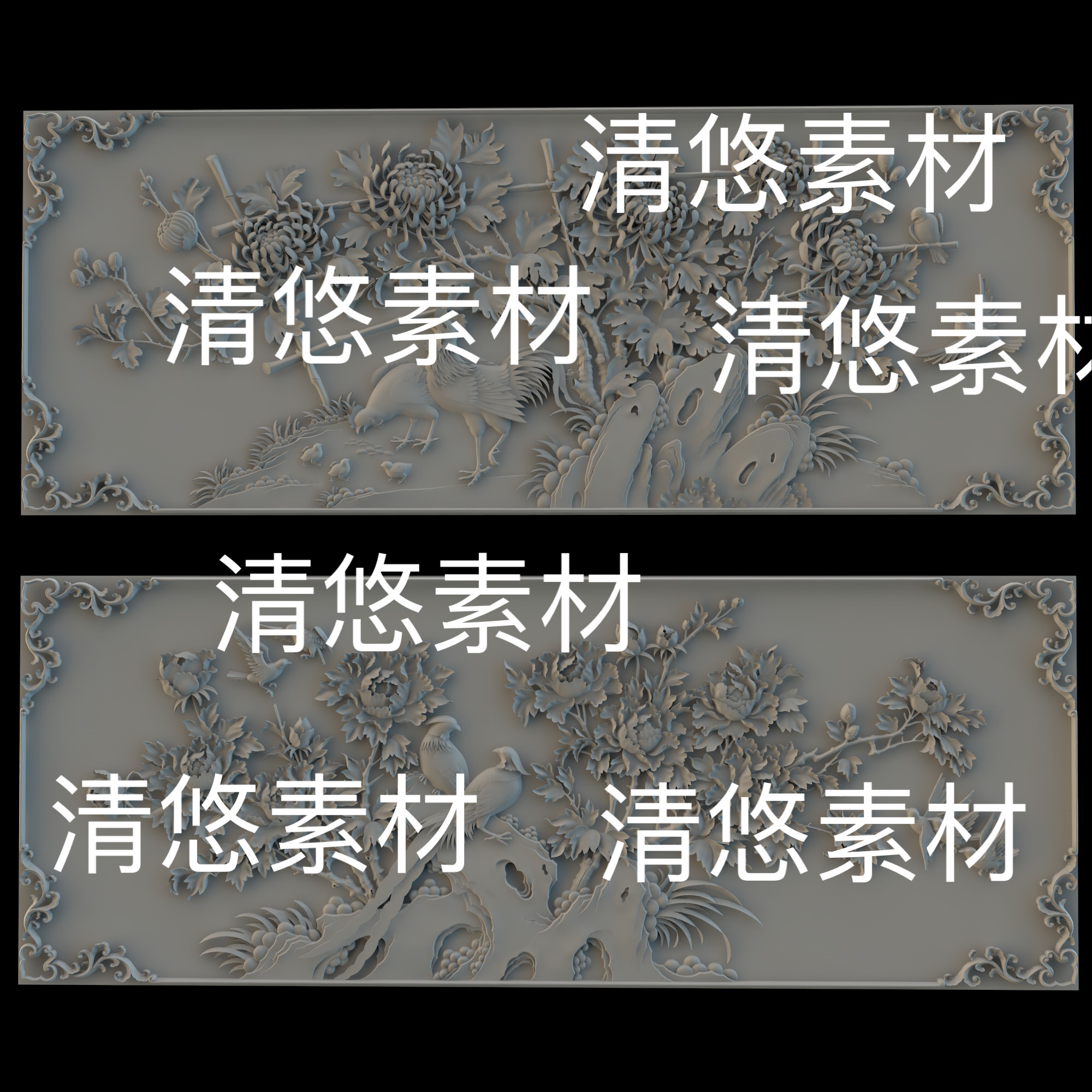 3dmax c4d fbx obj中式花鸟牡丹图案雕花浮雕模型文件 非实物D811