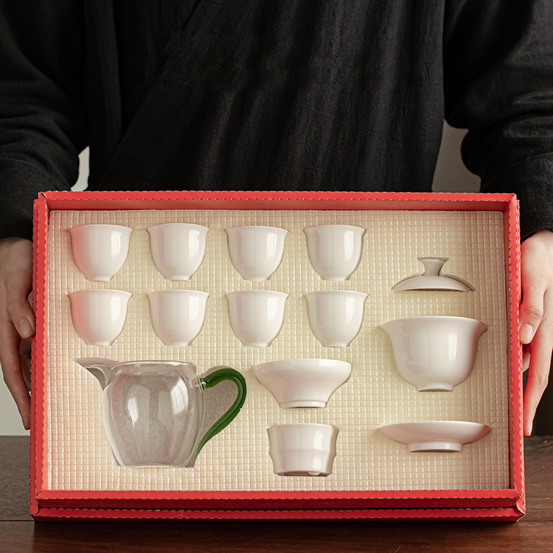 德化白瓷功夫茶具套装家用陶瓷泡茶杯盖碗礼盒装礼品定制logo防烫