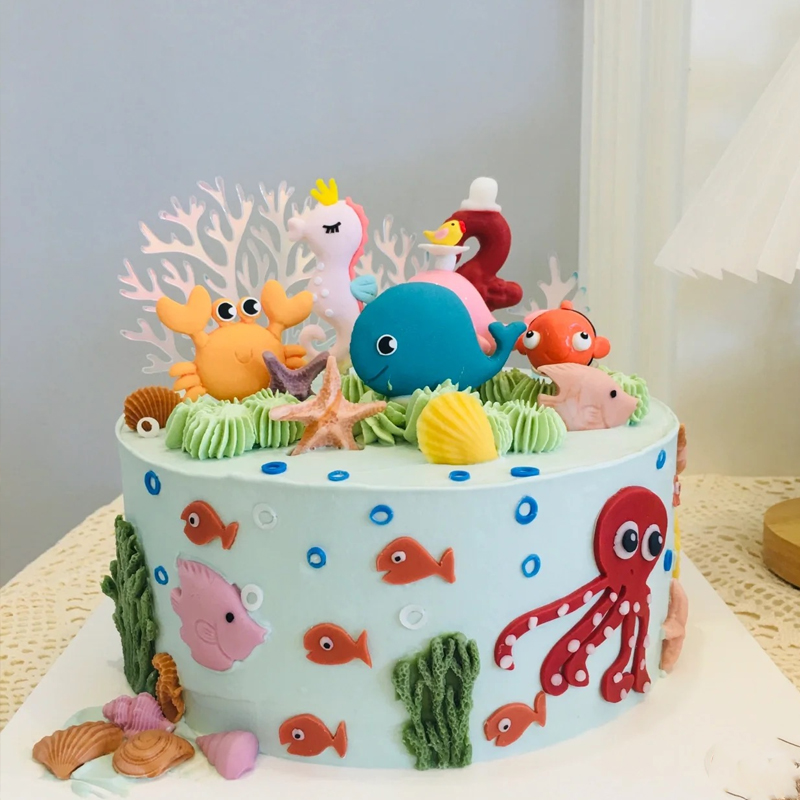 海洋主题生日烘焙蛋糕装饰软陶章鱼海马鲸鱼海藻珊瑚插件甜品台c