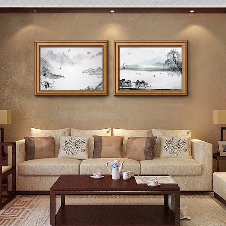 现代中式江南山水风景黑白建筑竹子防水画酒店客厅卧室装饰画挂画