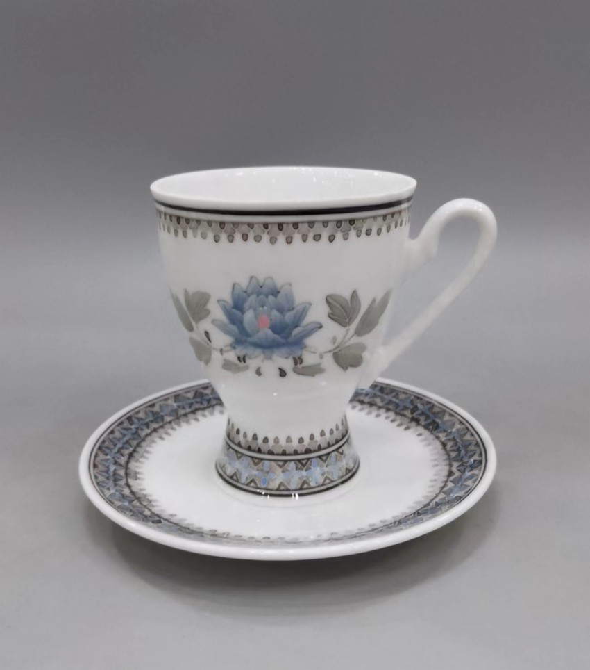 醴陵老瓷器群力90年代生产釉下彩手绘蓝牡丹奖杯咖啡杯碟原厂正品