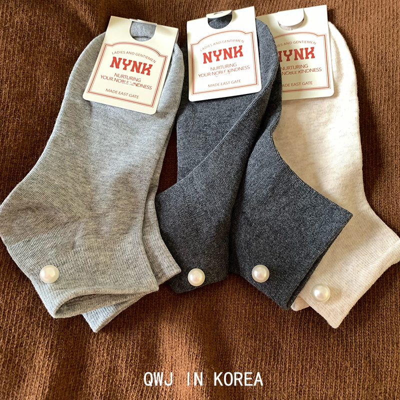 韩国进口后跟珍珠黑白灰色百搭纯色短袜春夏淑女特别的棉袜女袜子