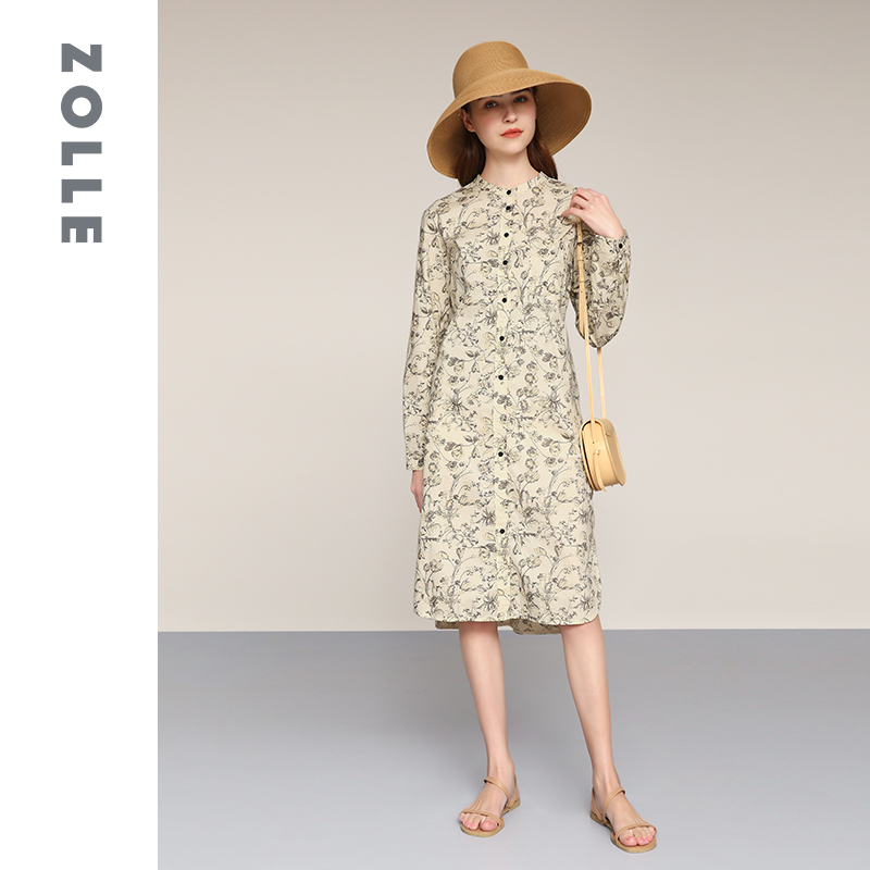 ZOLLE因为春季新款圆领显瘦连衣裙苎麻舒适中长款裙子2023年新款